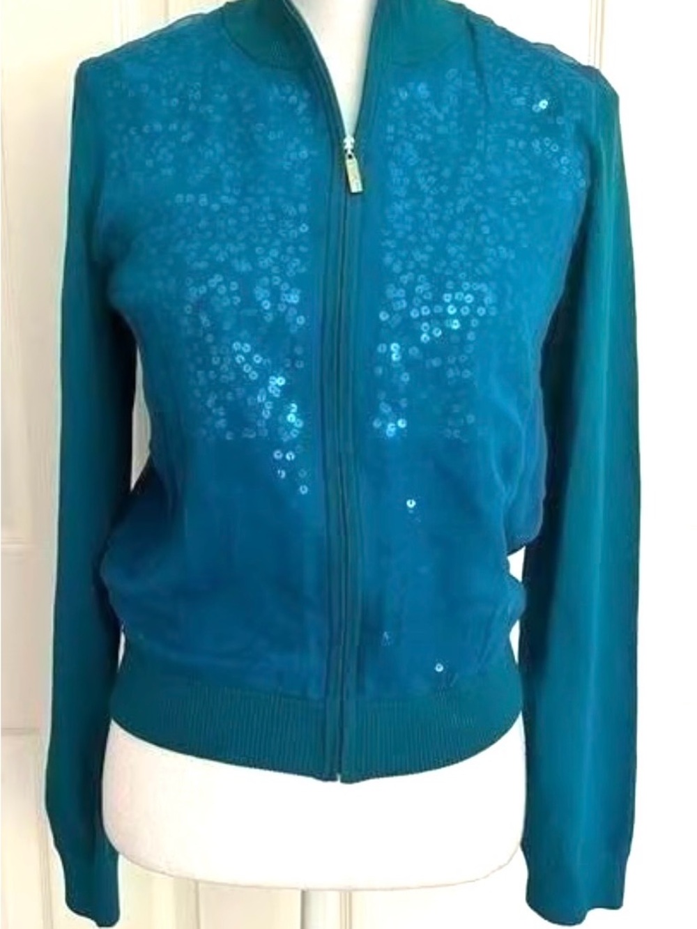 St. John Sz M Teal Sequin Zip Bomber Jacket Luxury Maximalist Baroque Artsy